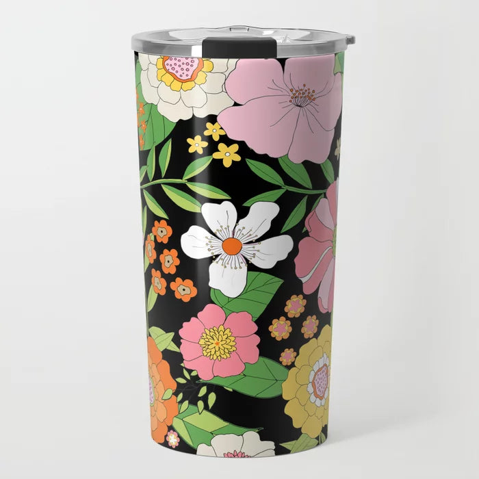 Groovy Blooms, Noir Travel Tumbler