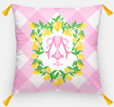 Lemon Crest Personalized Pillow, Pink Lemonade, 18
