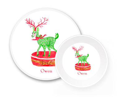 Limoges Christmas Reindeer Personalized Holiday Melamine Plate & Bowl Set, Red & Green