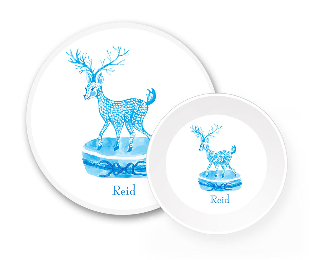 Limoges Christmas Reindeer Personalized Holiday Melamine Plate & Bowl Set, Blue