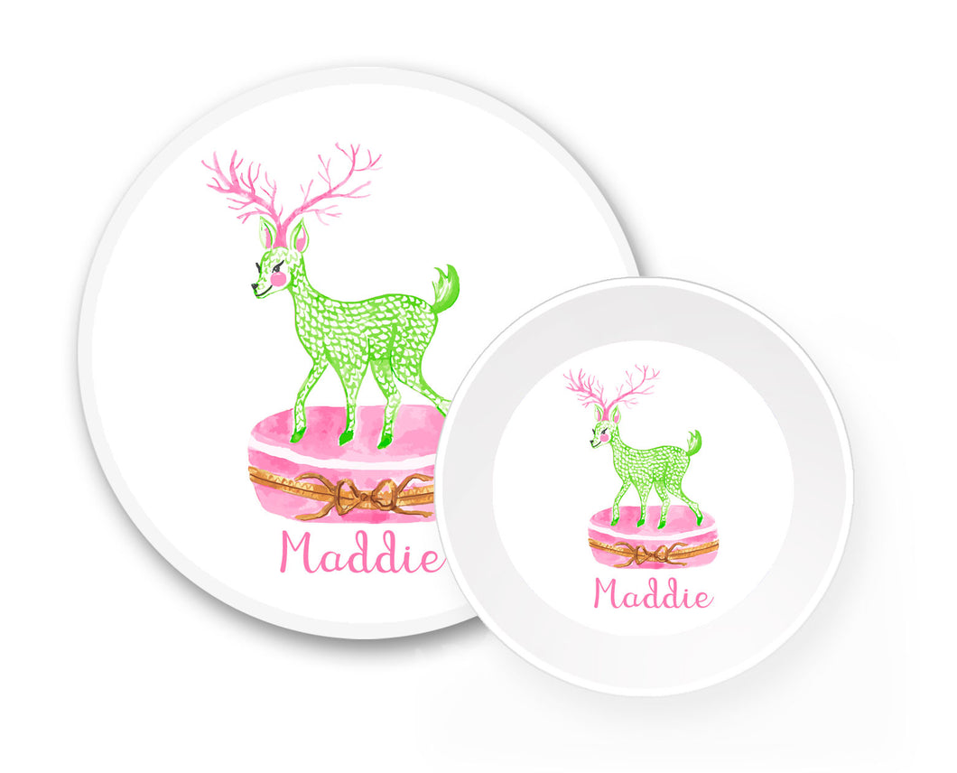 Limoges Christmas Reindeer Personalized Holiday Melamine Plate & Bowl Set, Pink