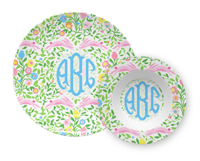 Mughal Bouquet Stripe Easter Personalized Melamine Plate & Bowl Set