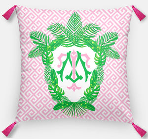 Tropical Palm Leaf Crest, Pink Sand, Personalized Pillow 18"x18" or 20"x20"