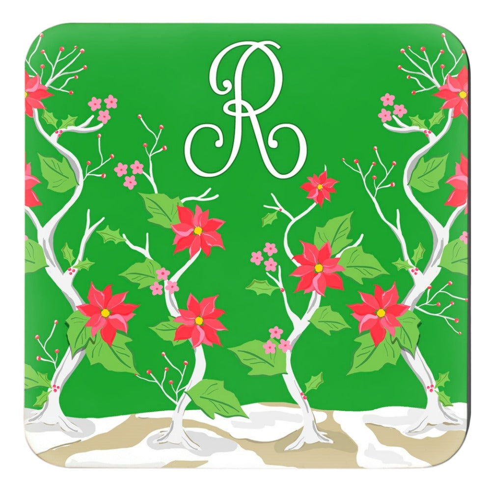 Seasonal Chinoiserie Personalized Cork Backed Christmas Coasters - Set of 4