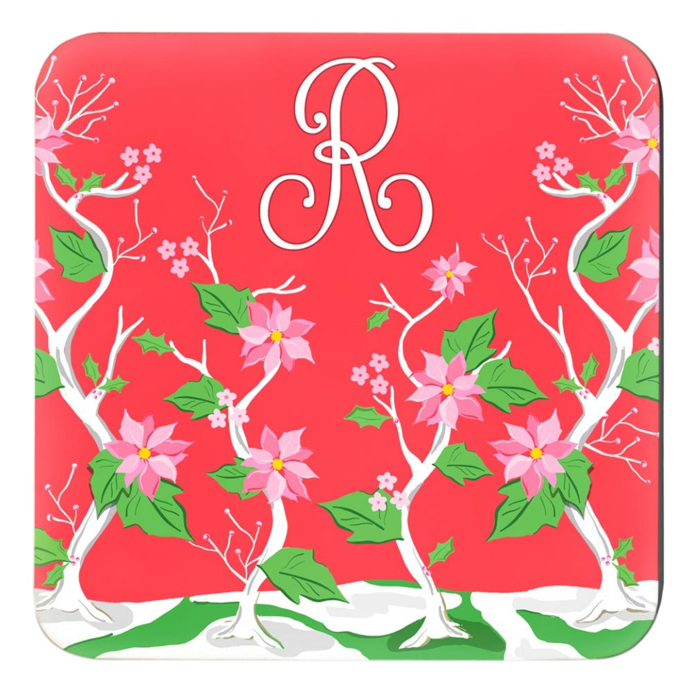 Seasonal Chinoiserie Personalized Cork Backed Christmas Coasters - Set of 4, Holly Berry