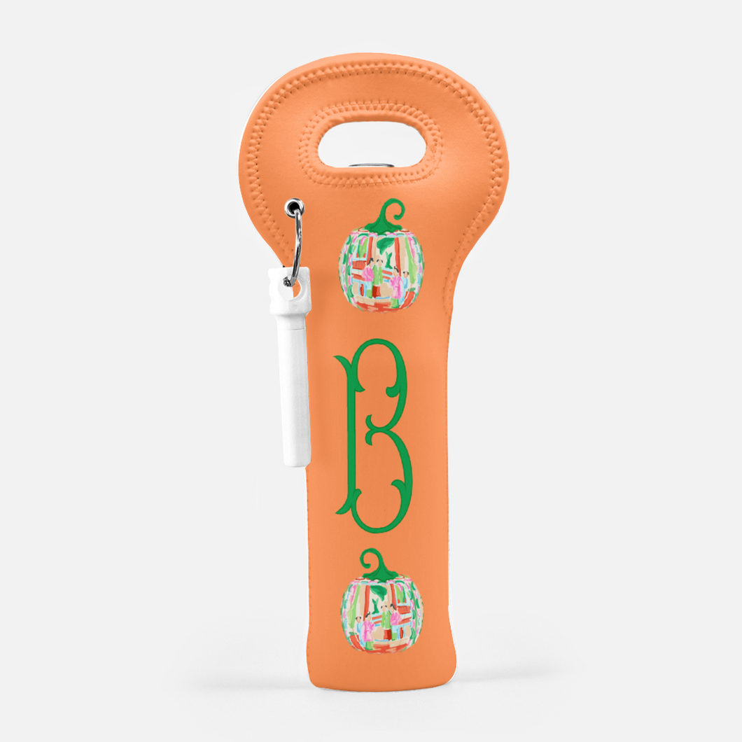Famille Rose Personalized Thanksgiving Wine Carrier with Cork Screw, Squash