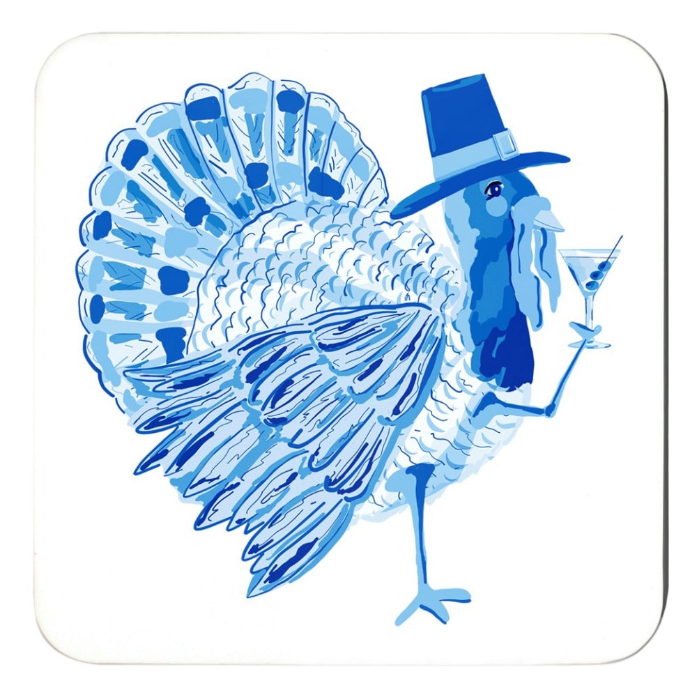 Tipsy Turkeys Thanksgiving Cork Backed Coasters - Set of 4, Blue