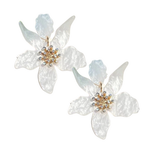 White Acrylic Resin Flower Statement Earrings
