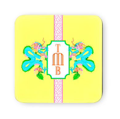 Dragon Crest Cork Backed Coasters,Yellow Lotus, Set of 4
