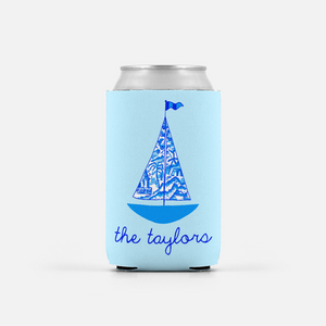 Set of 2 Chinois Sailboat, Seashore, Personalized Can Coolers