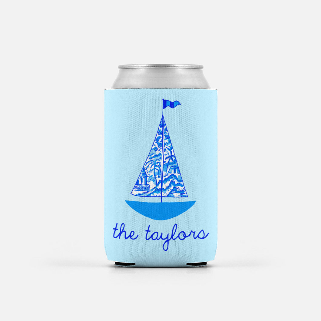 Set of 2 Chinois Sailboat, Seashore, Personalized Can Coolers