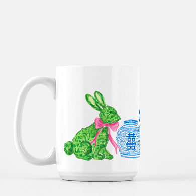 Boxwood Bunnies Porcelain Mug, Blue
