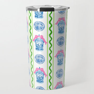 Chinoiserie Garland Stripe Travel Tumbler, Pink