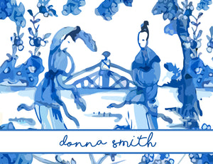 Blue Willow Style Personalized Chinoiserie Folded Note Cards