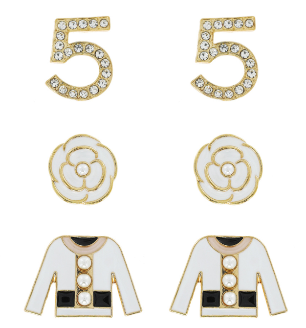 Chanel No 5 Inspired White Bejeweled Statement Earrings - Three (3) Pairs