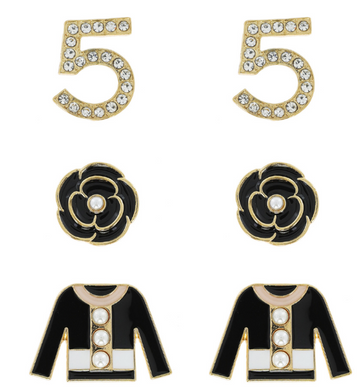 Chanel No 5 Inspired Black Bejeweled Statement Earrings - Three (3) Pairs