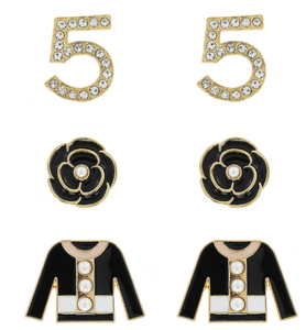 Chanel No 5 Inspired Black Bejeweled Statement Earrings - Three (3) Pairs