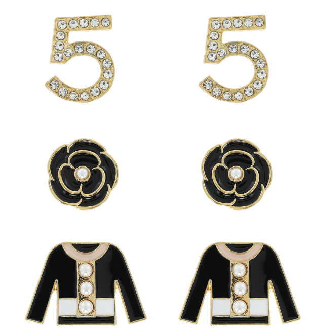 Chanel No 5 Inspired Black Bejeweled Statement Earrings - Three (3