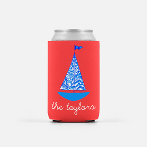 Set of 2 Chinois Sailboat, Geranium, Personalized Can Coolers