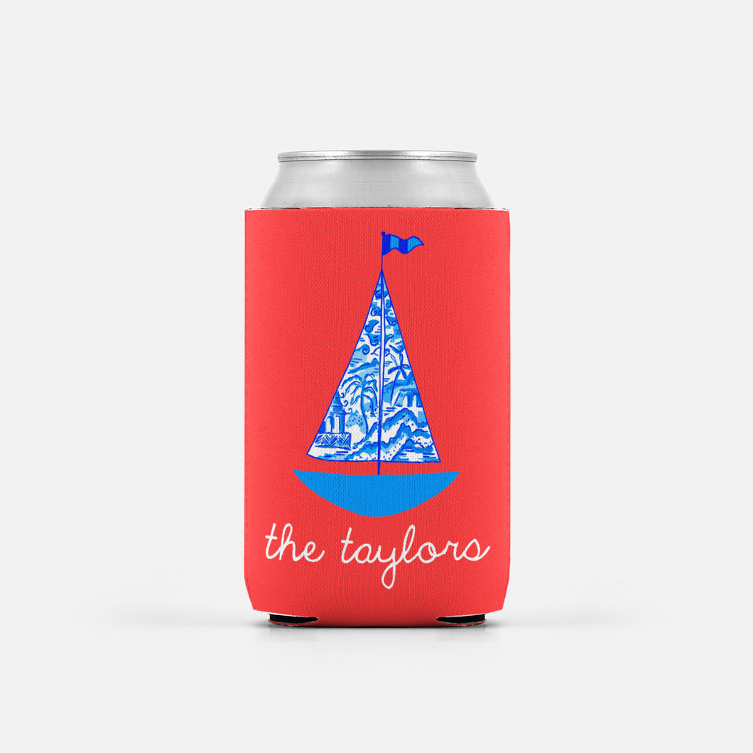Set of 2 Chinois Sailboat, Geranium, Personalized Can Coolers