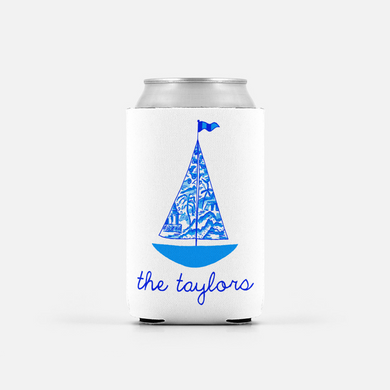 Set of 2 Chinois Sailboat, Indigo, Personalized Can Coolers