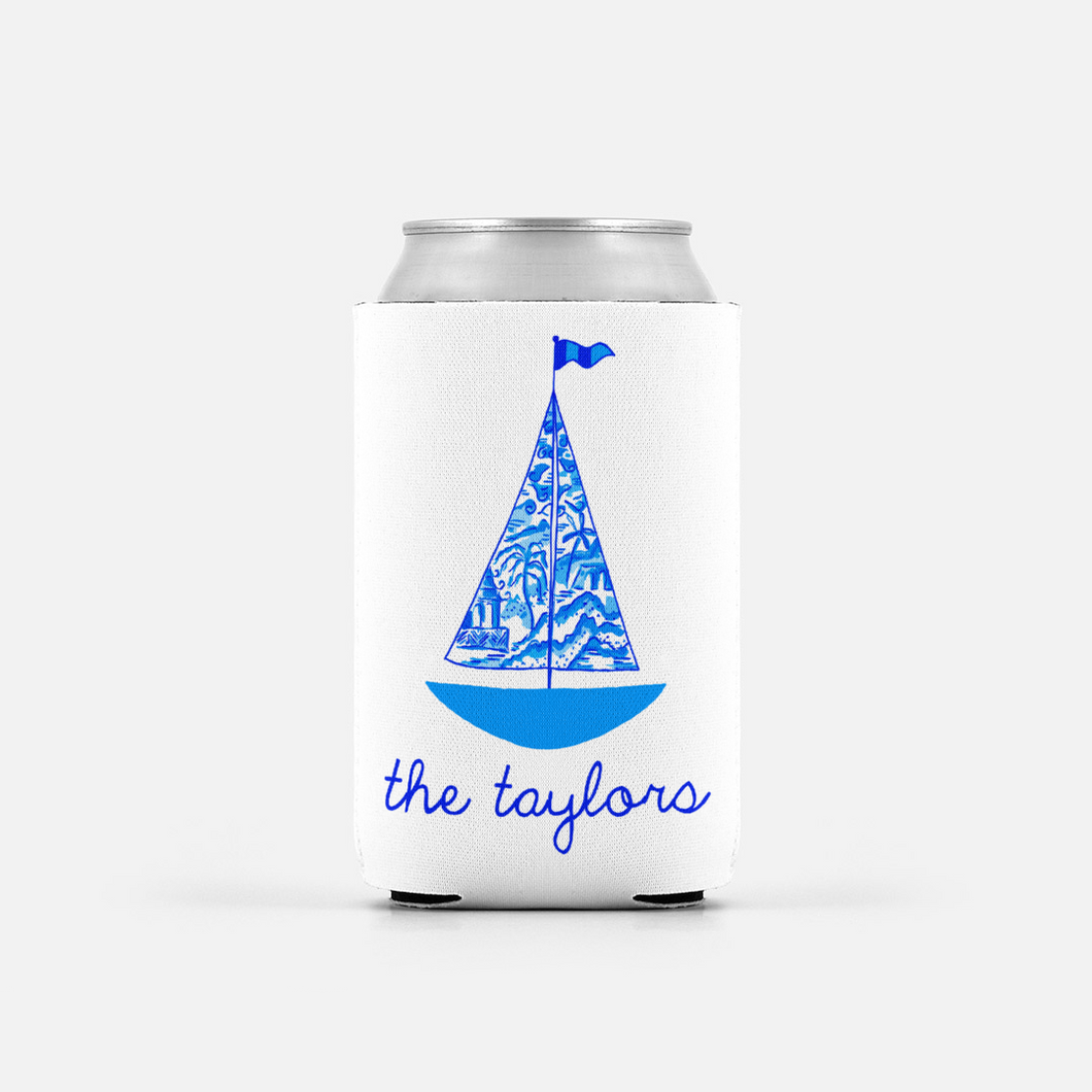 Set of 2 Chinois Sailboat, Indigo, Personalized Can Coolers