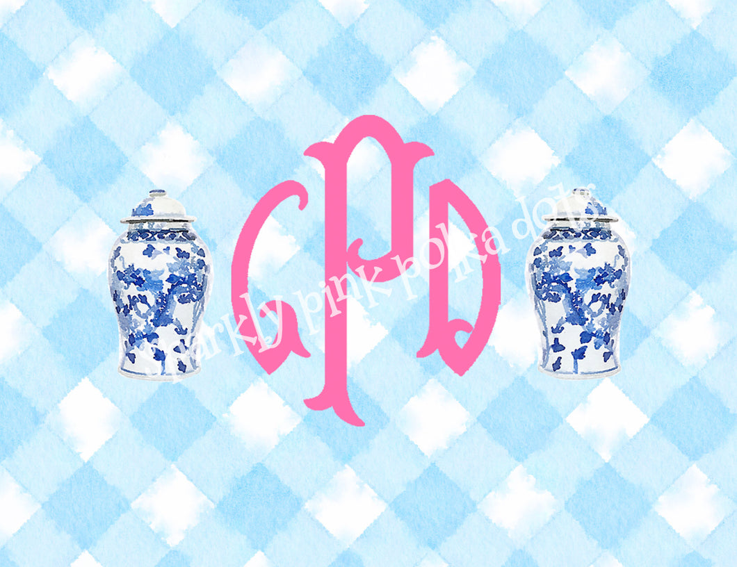 Ginger Jar Chinoiserie Monogram Monogrammed Gingham Palm Beach Notecards Cards Thank you Blue White Porcelain Pink Bridal Wedding Preppy