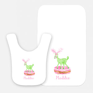 Little Limoges Reindeer Holiday Personalized Bib & Burp Cloth Gift Set